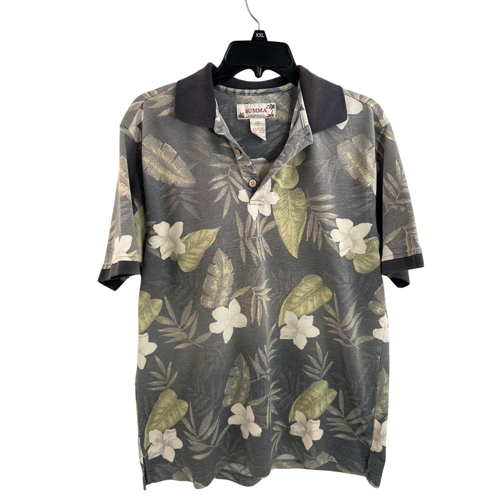 Summa Polo Shirt Medium Gray Tropical Floral Leaf Print Short Sleeve Mens